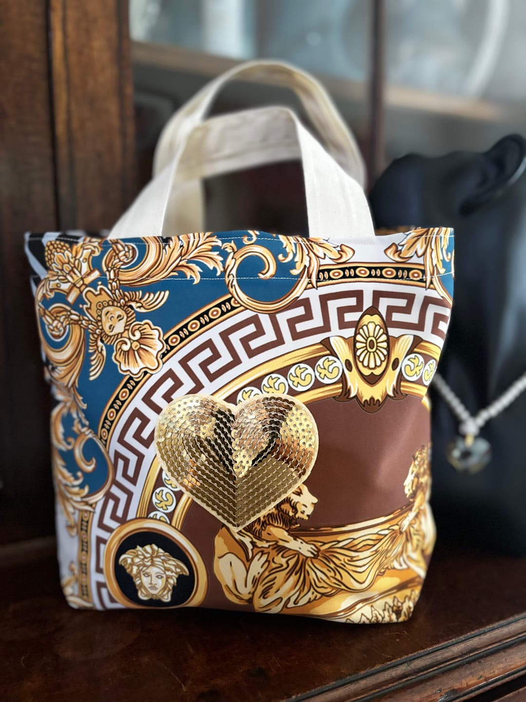 Customer photo review of Gold & Blue Ornate Pattern Luxury Baroque Design Fabric by Metre