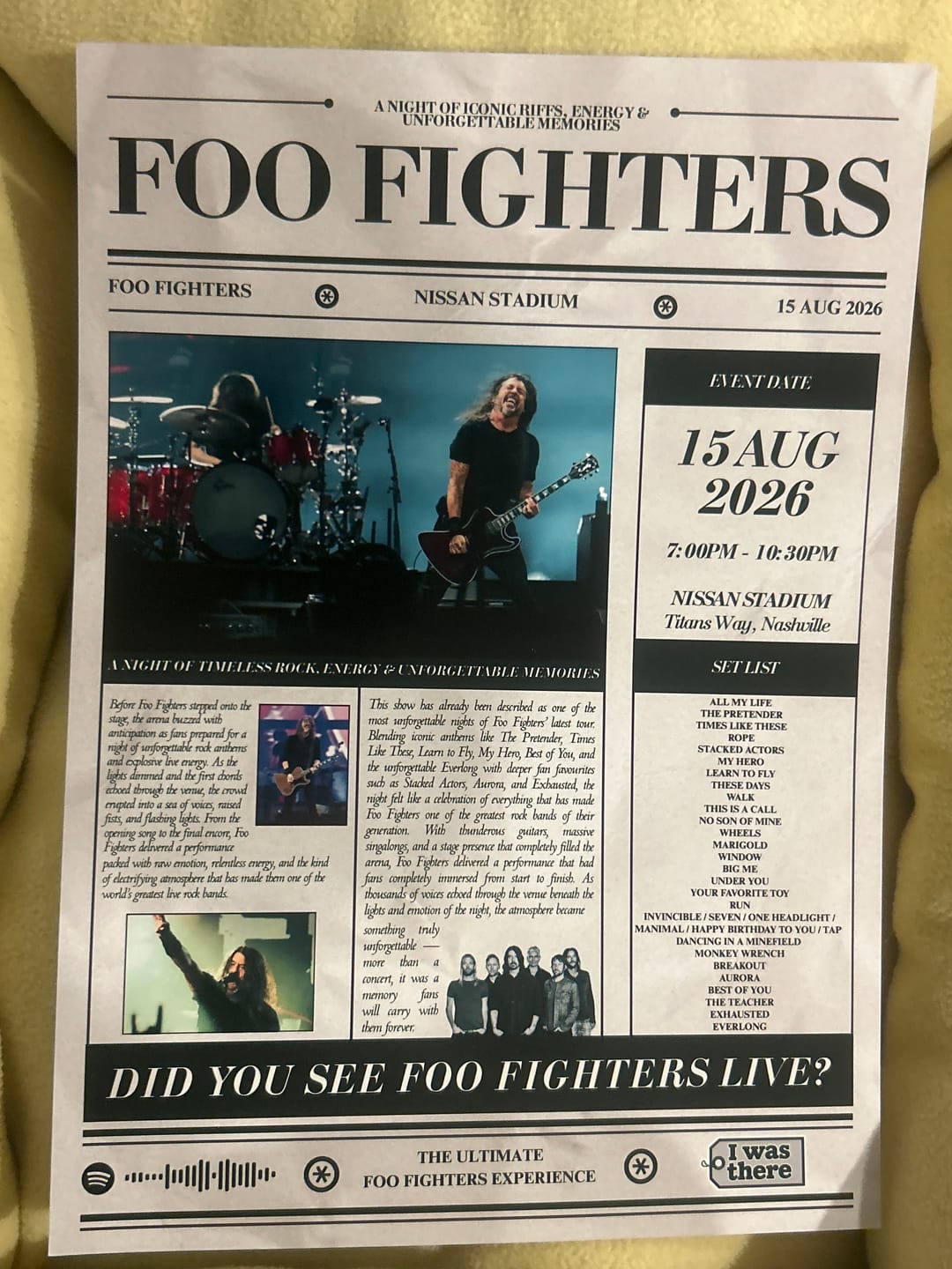 Customer photo review of Foo Fighters - Personalised Newspaper Style Concert Poster (USA Tour)