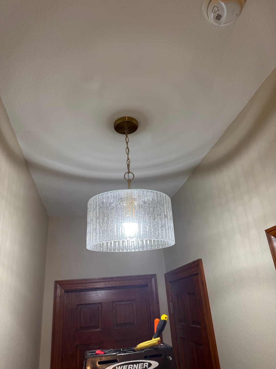 Customer photo review of 1-Light Clear Striped Glass Drum Semi Flush / Round Cage Pendant