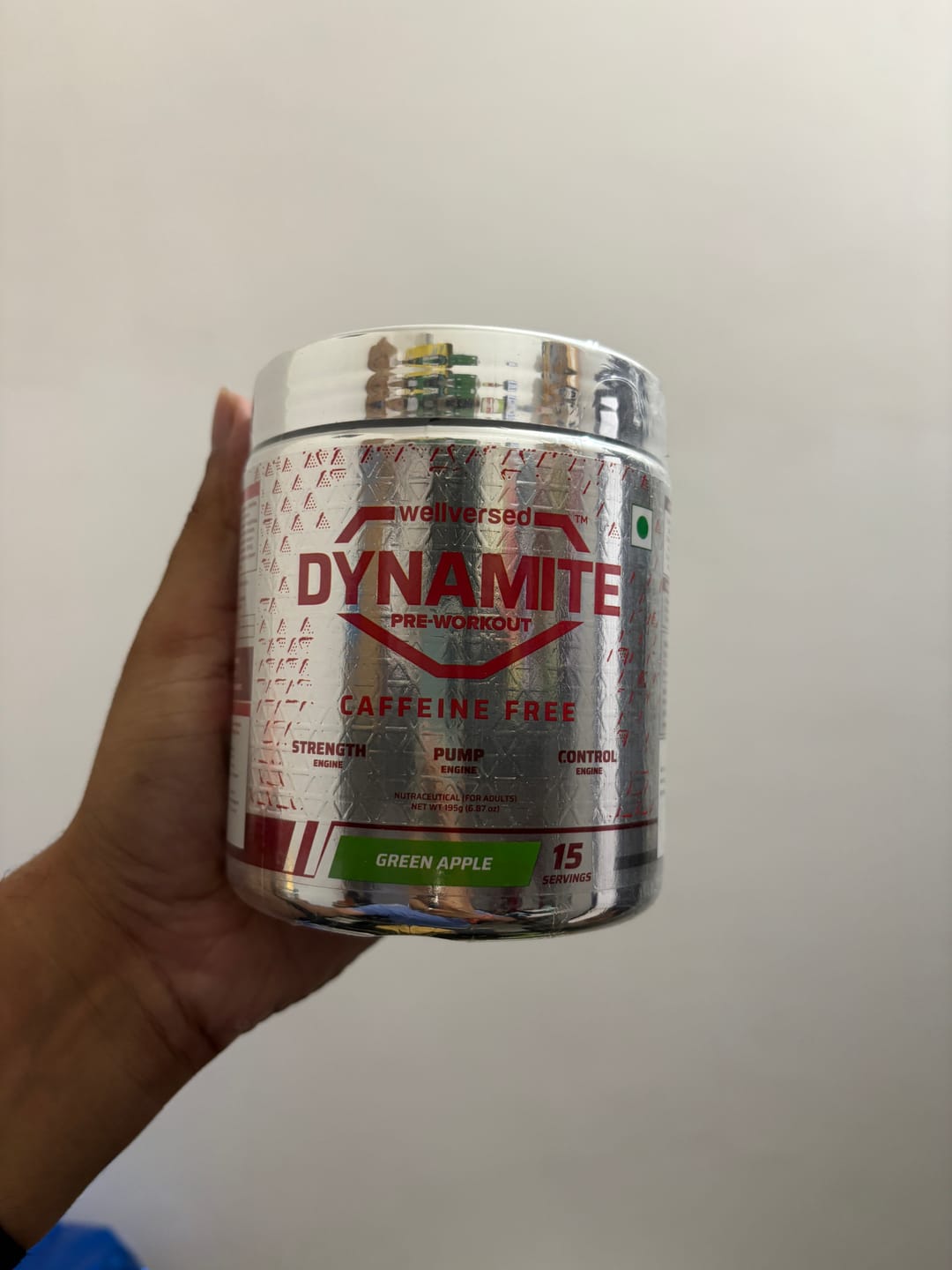 Customer photo review of Dynamite Pre-Workout Caffeine Free (195g, 15 Servs) | Green Apple