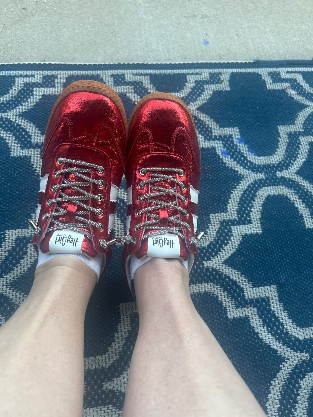 Customer photo review of Corky's Red Metallic Heads Up Sneakers