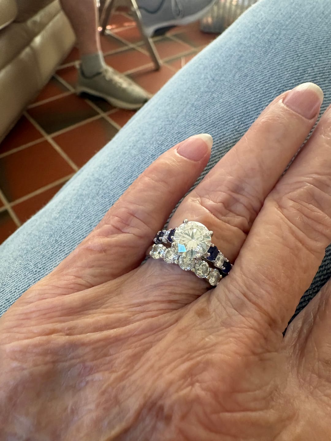 Customer photo review of Round Moissanite With Sapphire Pave Engagement Ring