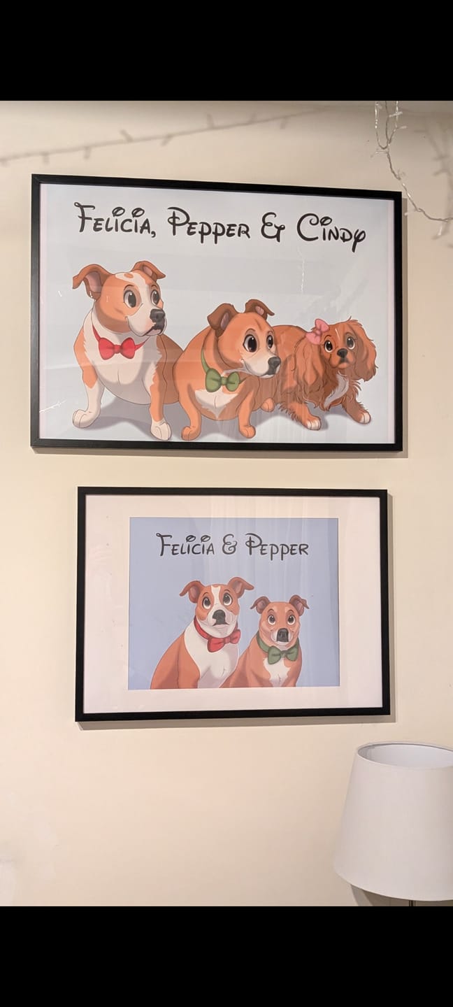 Customer photo review of Custom Hand-Drawn Cartoon Pet Portrait