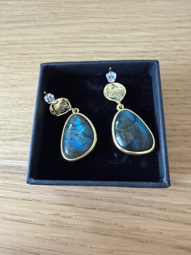 Customer's pair of gold-plated Boucle d'oreille Labradorite Coquillage earrings resting in a black gift box.