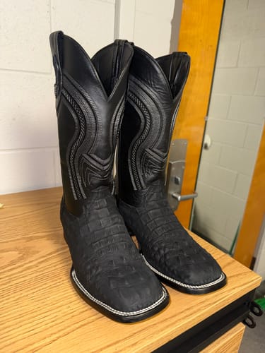 Customer's Matte Black Caiman Neck Leather Boots, showing the square toe and stitched detail.