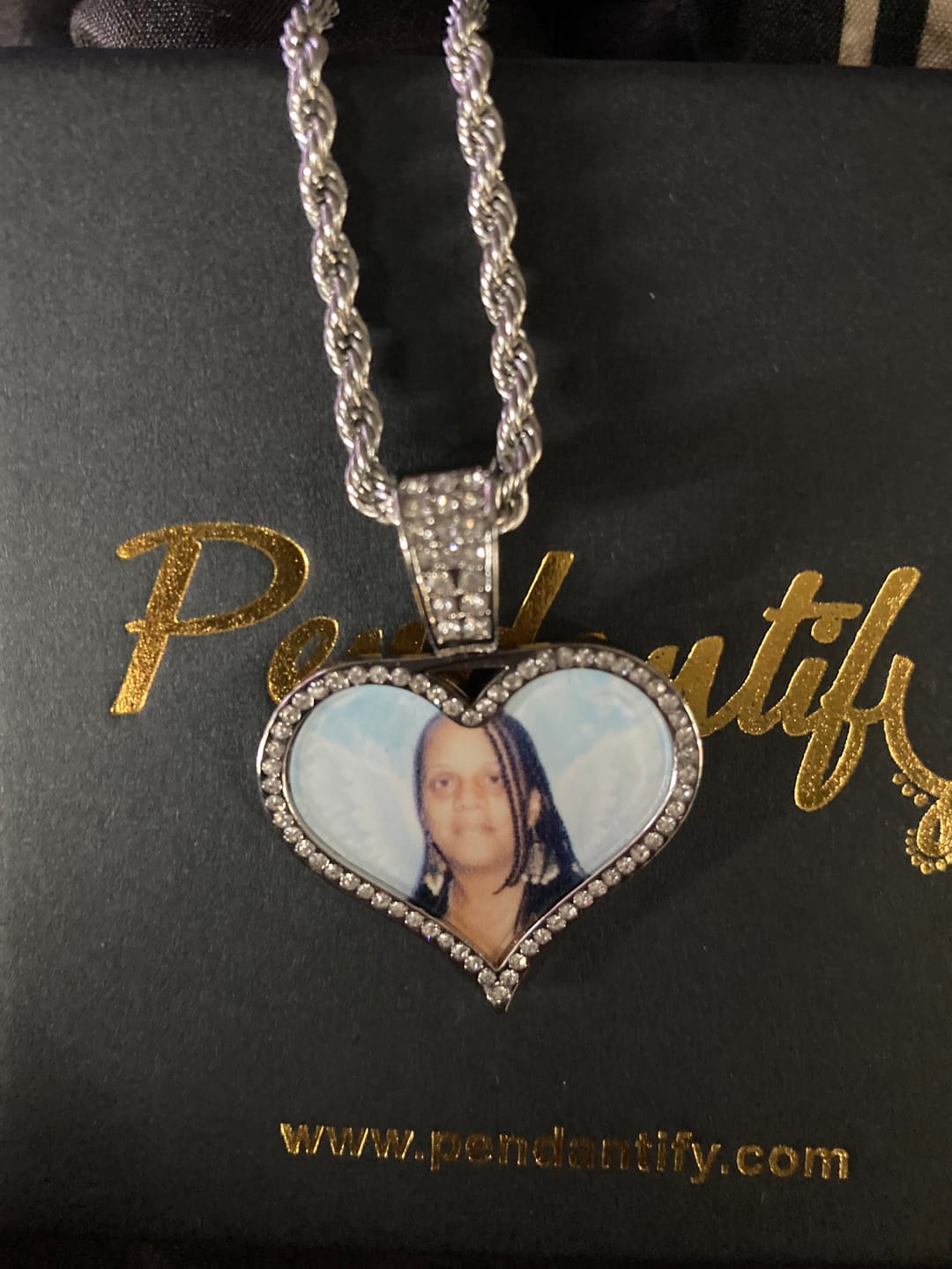 Customer photo review of Custom Diamond Studded Angel Wing Photo Necklace