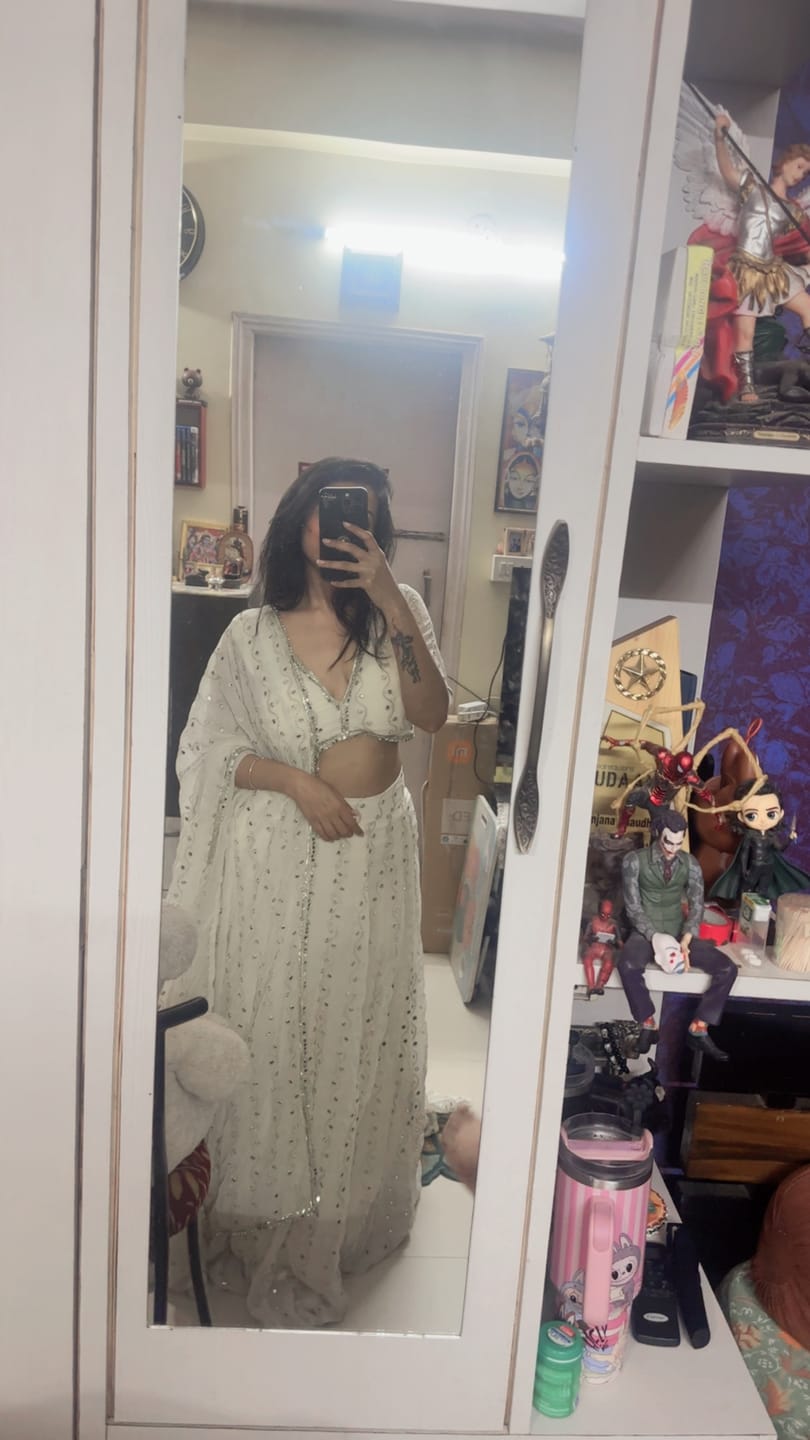 Customer photo review of Astoria Ivory Mirror Work Lehenga Set