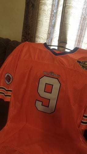 Customer photo review of Custom Orange Mesh Authentic Football Jersey with Royal and White Lettering Design 0140