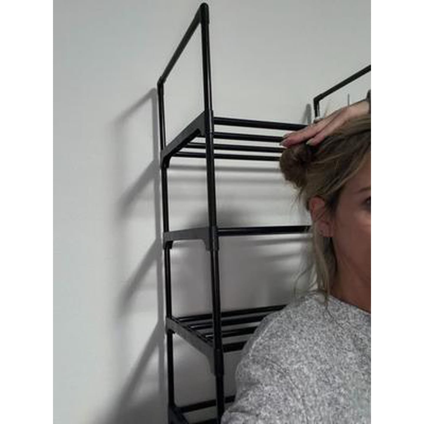 Customer photo review of 10 Tier Metal Shoes Rack Stackable Shoes Shelf with Hooks
