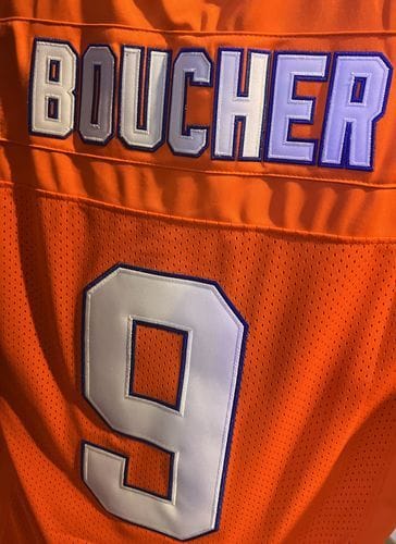 Customer photo review of Custom Orange Mesh Authentic Football Jersey with Royal and White Lettering Design 0140