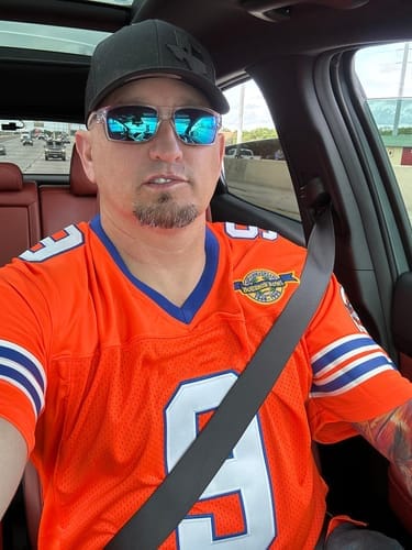 Customer photo review of Custom Orange Mesh Authentic Football Jersey with Royal and White Lettering Design 0140