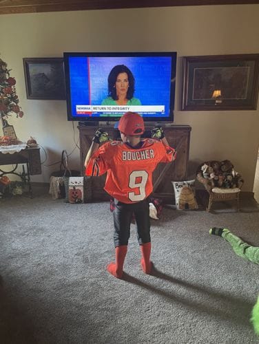 Customer photo review of Custom Orange Mesh Authentic Football Jersey with Royal and White Lettering Design 0140
