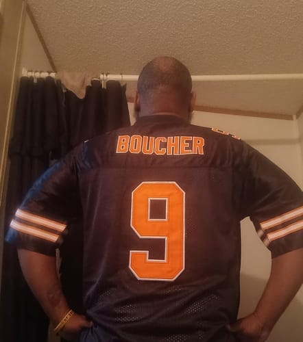 Customer photo review of Custom Orange Mesh Authentic Football Jersey with Royal and White Lettering Design 0140