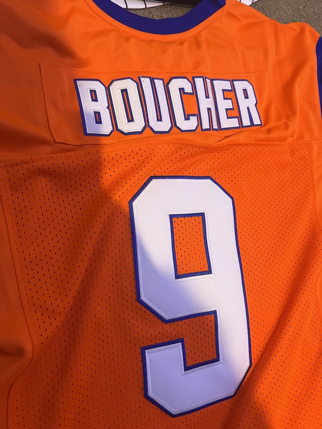 Customer photo review of Custom Orange Mesh Authentic Football Jersey with Royal and White Lettering Design 0140