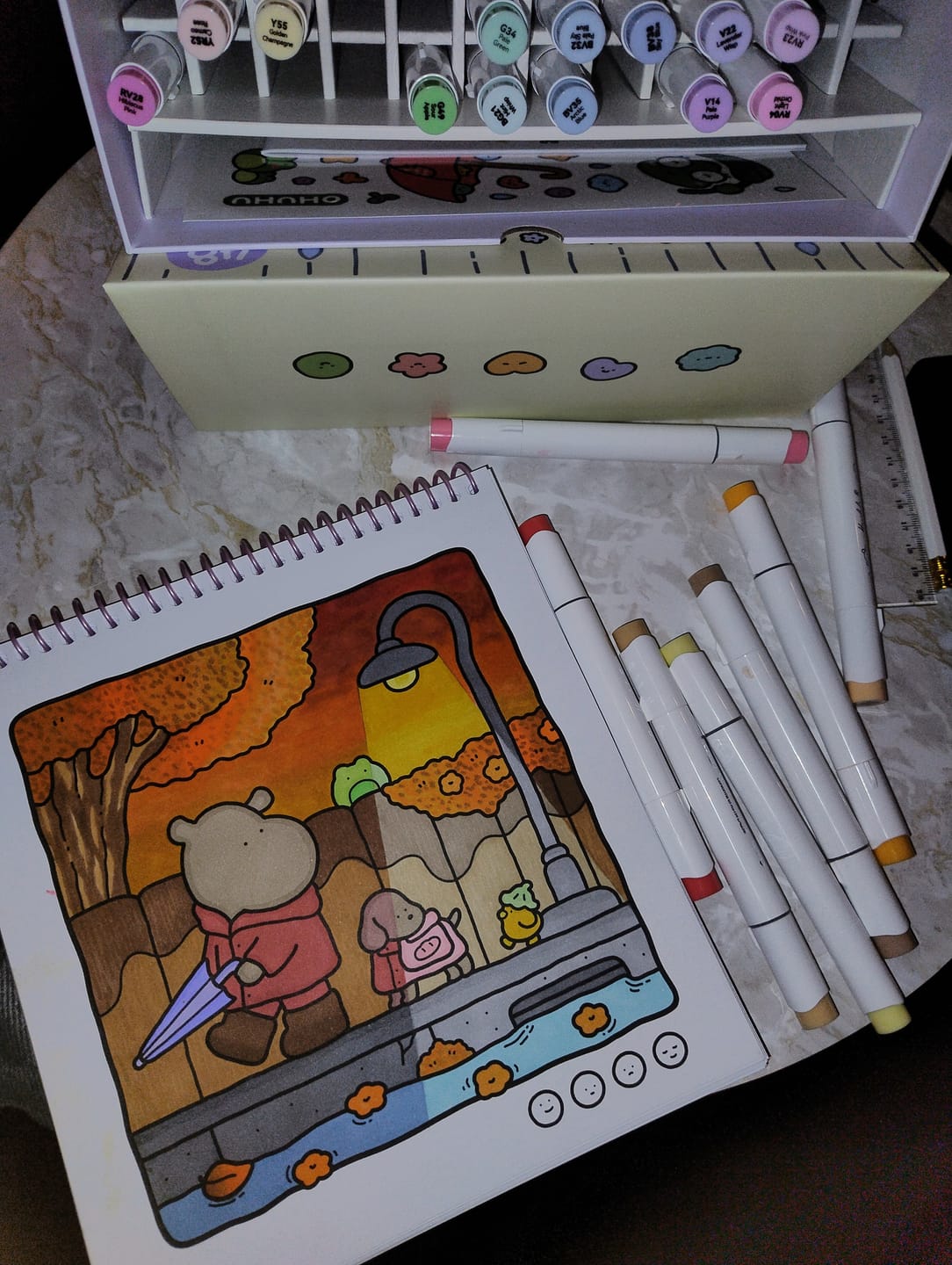 Customer photo review of Ohuhu x Coco Wyo Cozy Mood Coloring Kit, Honolulu B 48 Colors Alcohol Markers with Brush & Fine Dual Tips, Coloring Book with Mood Tracker Pages