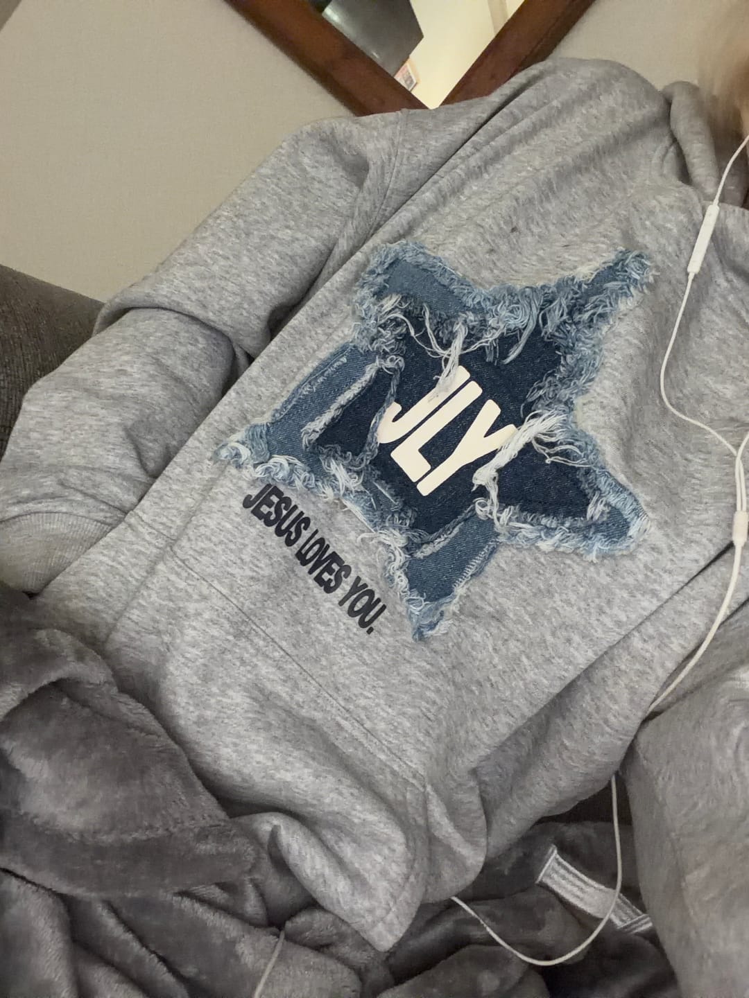 Customer photo review of Jesus Loves You Denim Star Patchwork Hoodie