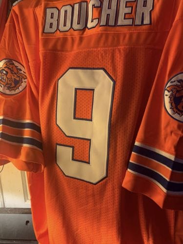 Customer photo review of Custom Orange Mesh Authentic Football Jersey with Royal and White Lettering Design 0140