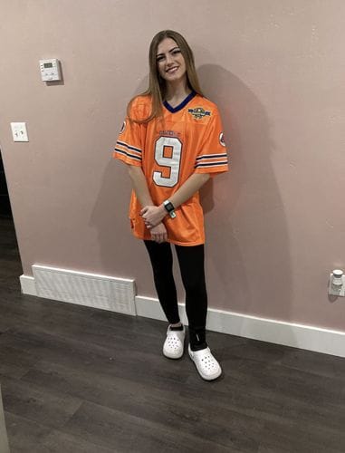 Customer photo review of Custom Orange Mesh Authentic Football Jersey with Royal and White Lettering Design 0140