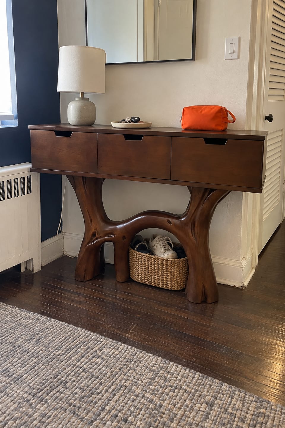 Customer photo review of Sculptural Storage Console Table in Natural Solid Wood with Branch Base