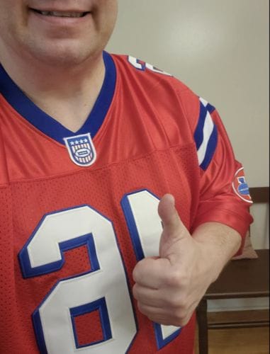 Customer photo review of Custom Red Mesh Authentic Football Jersey with White and Royal Lettering Design 0625