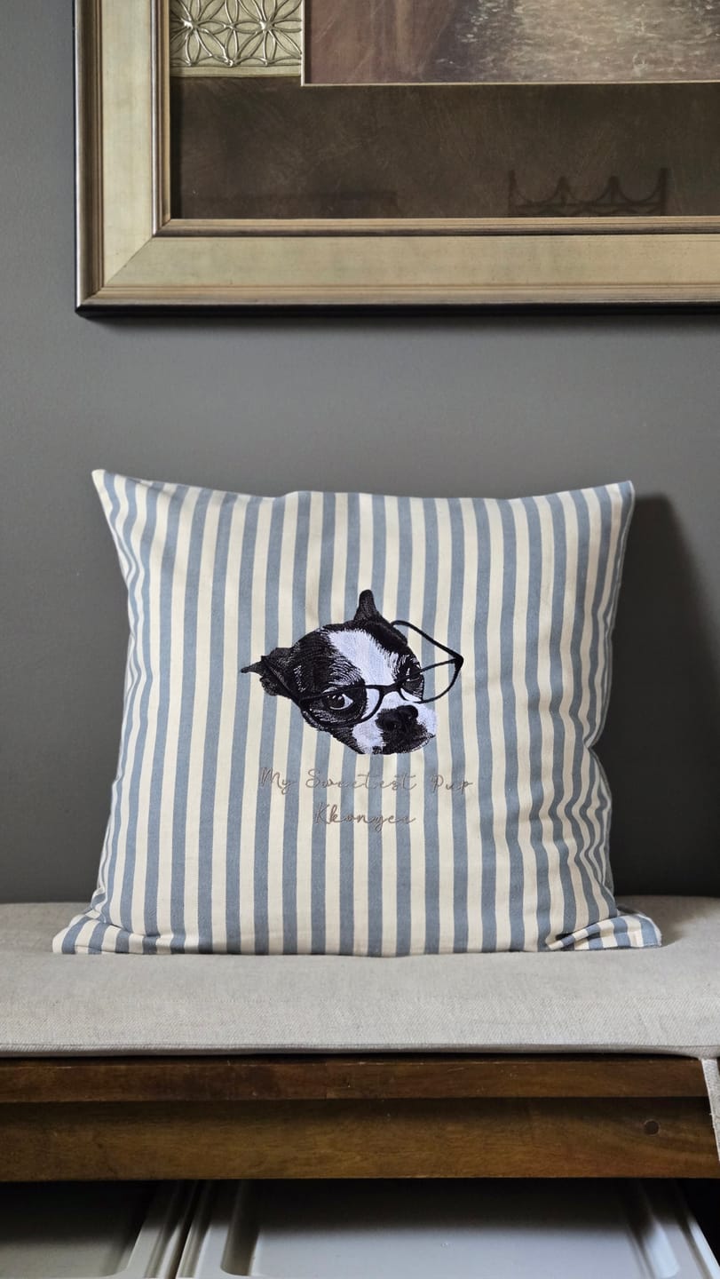 Customer photo review of Custom Pet Portrait Embroidered Pillow Cover 20"x20"