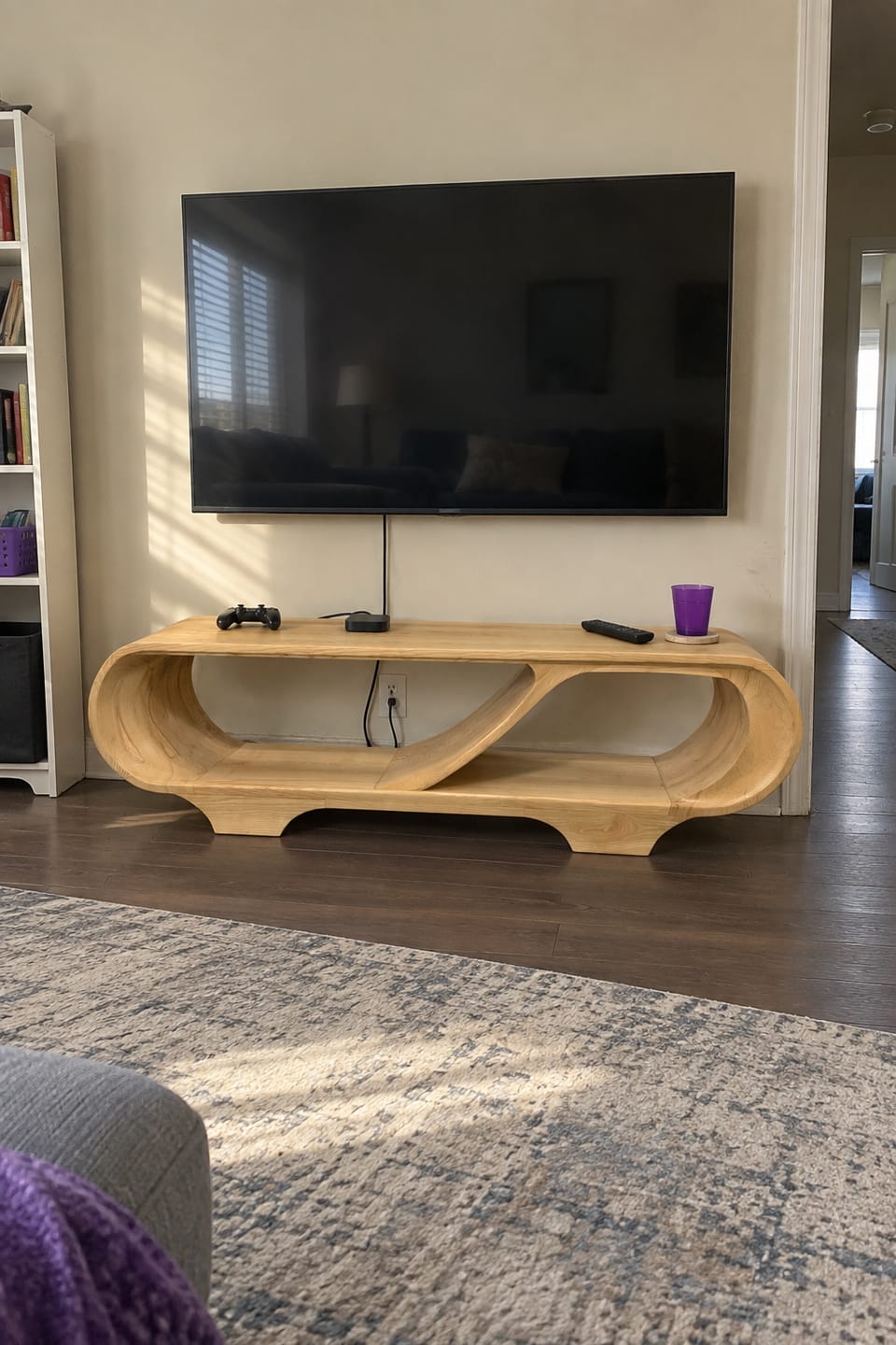 Customer photo review of Floating Open Shelf TV Stand Solid Wood Sculptural Media Console