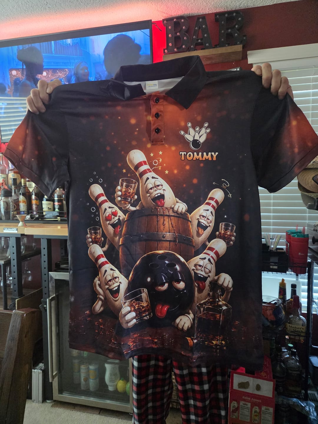 Customer photo review of Funny Drunk Bowling Pins Bourbon Vintage Bowling Shirts For Men Custom Bowling Team Jersey TDM7127