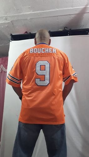 Customer photo review of Custom Orange Mesh Authentic Football Jersey with Royal and White Lettering Design 0140