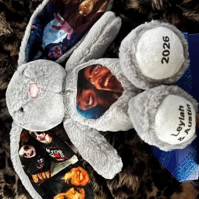 Customer photo review of Custom Photo Engraved Bunny Plush