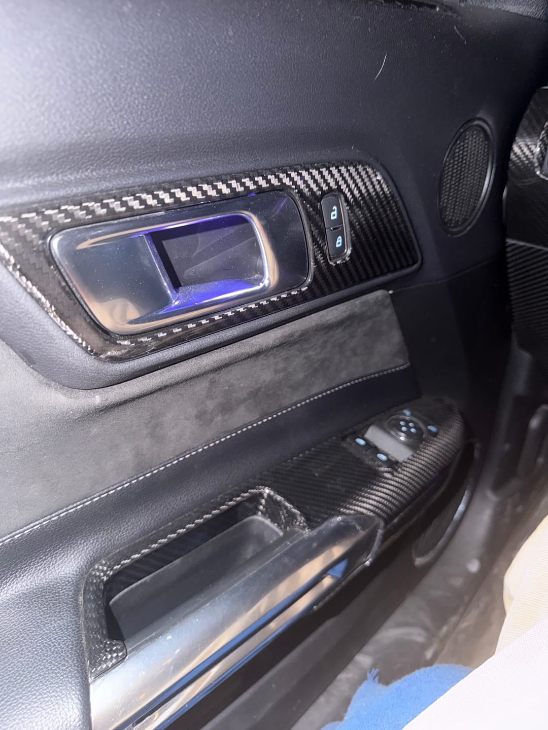 Customer photo review of Hard Carbon Fiber Interior Door Handle Trim Covers for 2015–2023 Ford Mustang