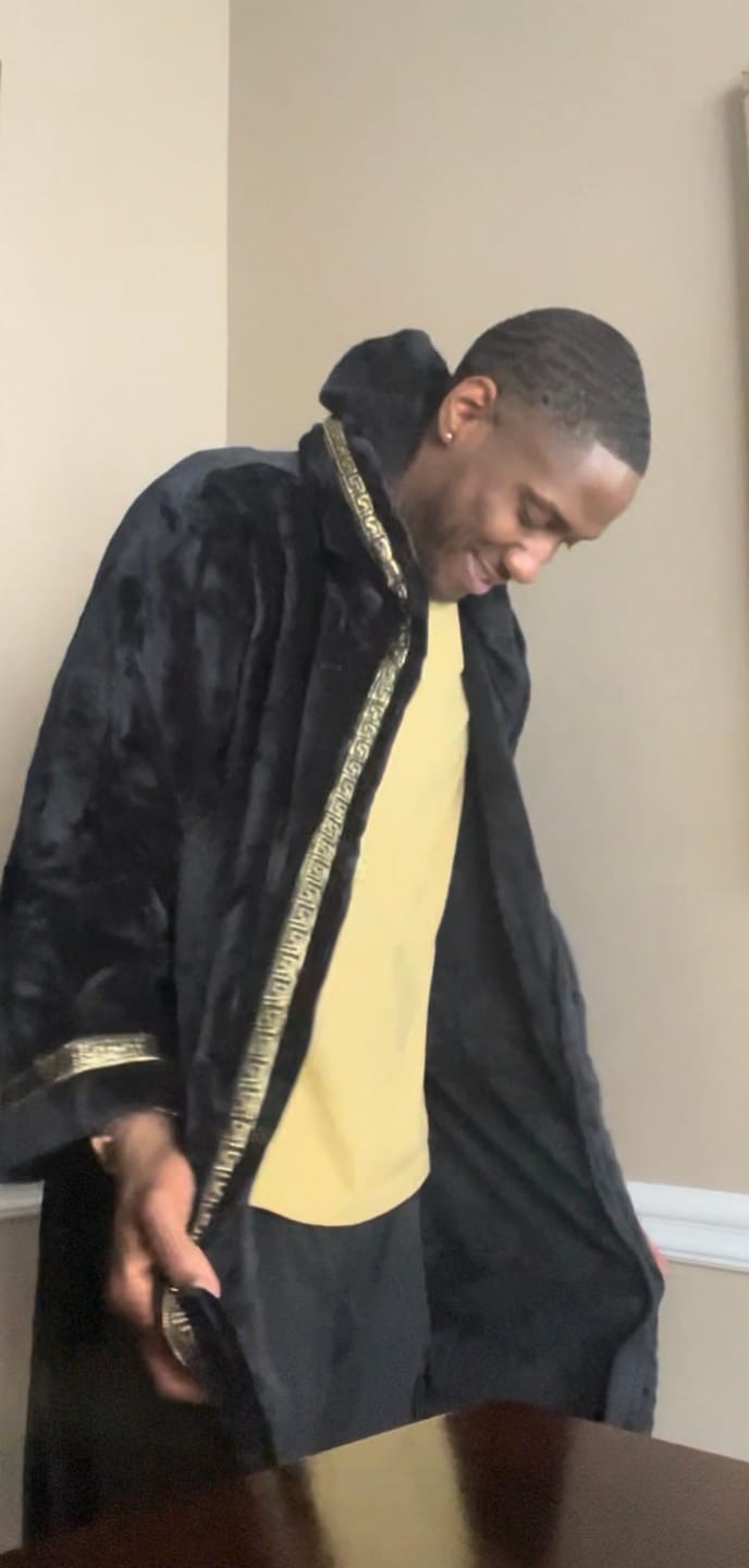 Customer photo review of Men's Black Hooded Royalty Robe With Gold Greek Key Trim