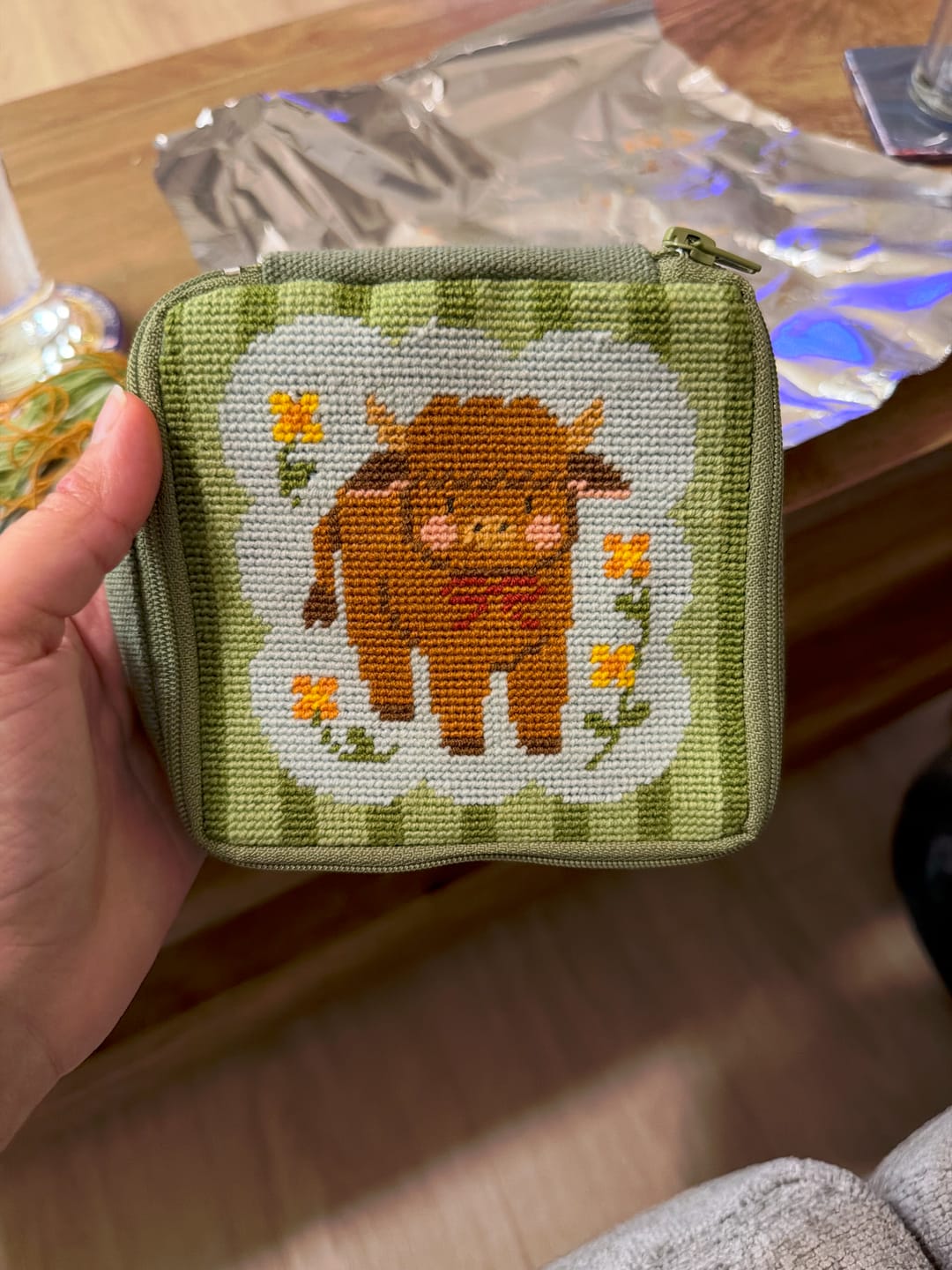 Customer photo review of HIGHLAND COW - Needlepoint Pouch Kit