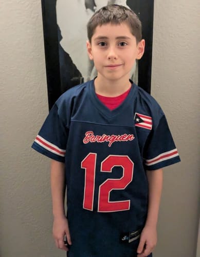 Customer photo review of Custom Black Mesh Authentic Football Jersey with Purple and Teal Lettering