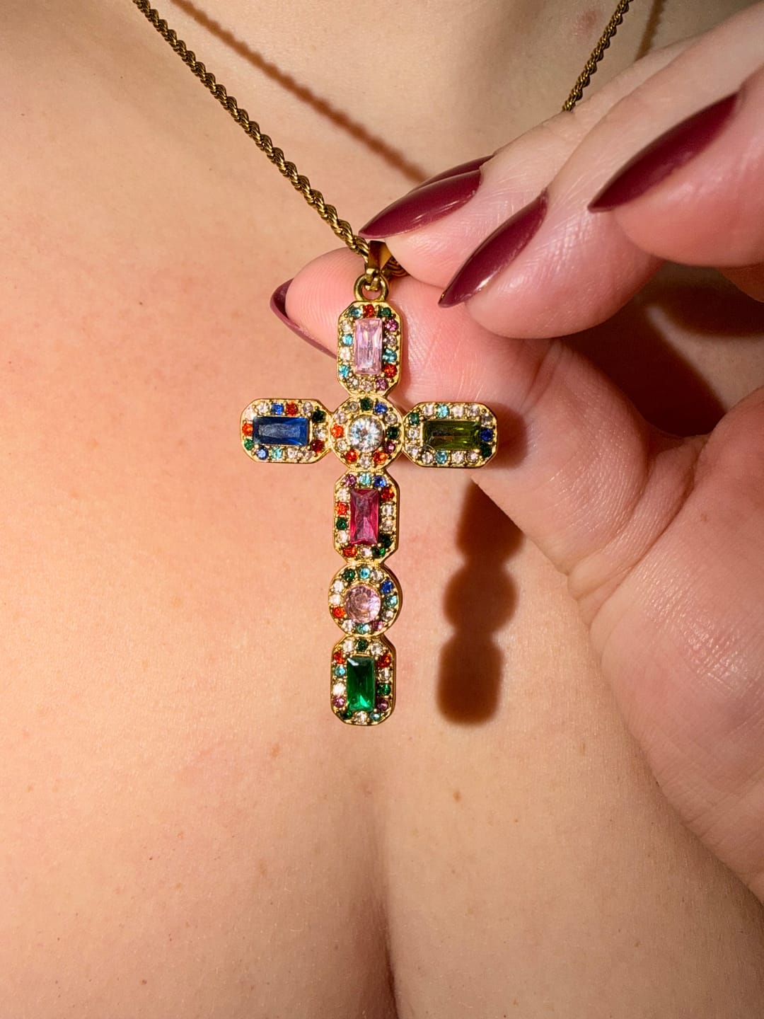 Customer photo review of The Bella Multi Color Crystal Cross Necklace – Water & Tarnish Resistant