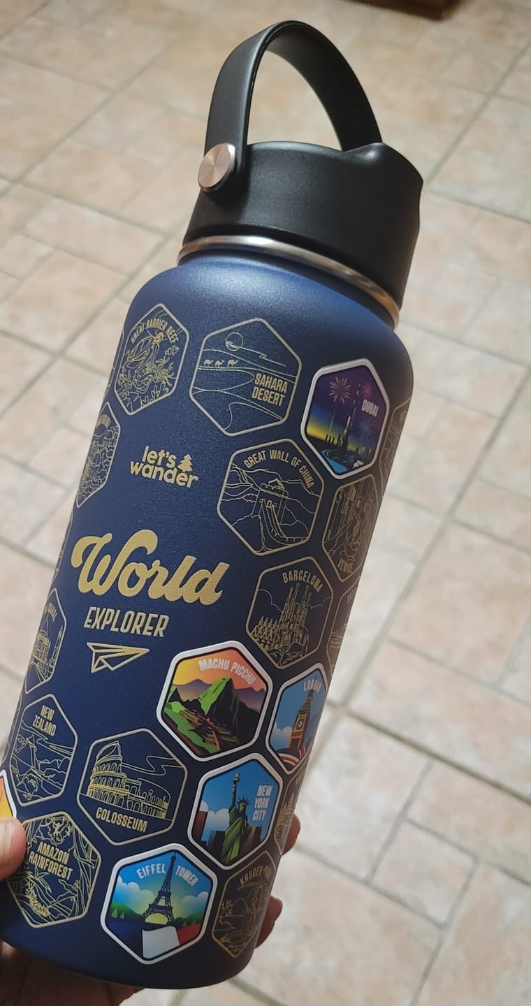 Customer photo review of Lets Wander™ World Explorer Water Bottle + Sticker Set