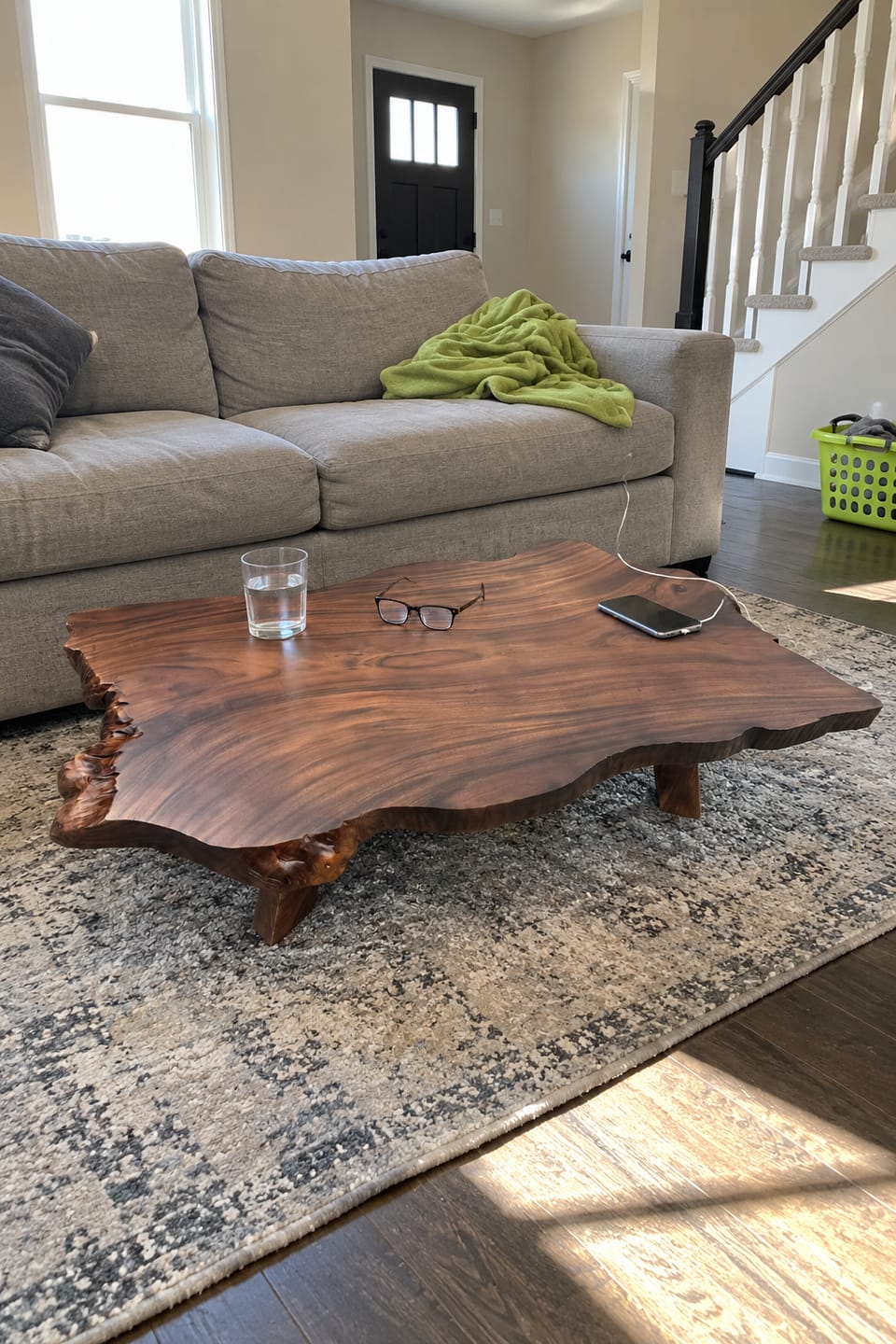 Customer photo review of Solid Wood Coffee Table with Live Edge Slab and Rustic Base