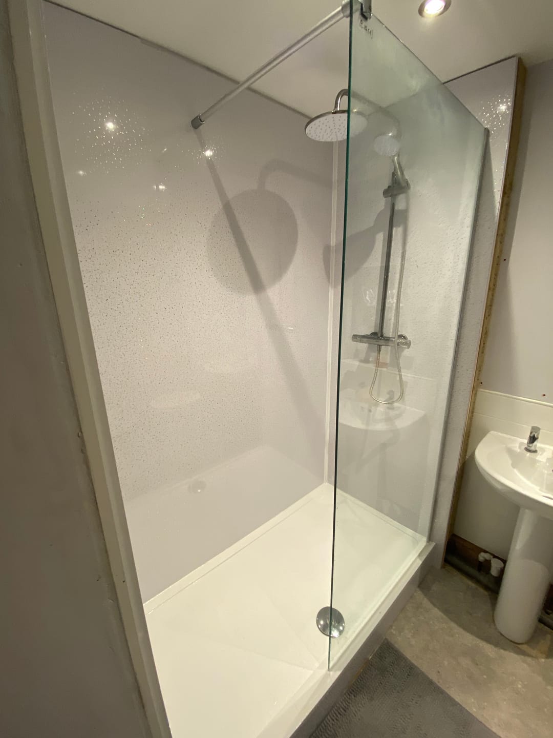 Customer photo review of Premium White Sparkle Gloss Shower Wall Panel – 1M x 2.4M