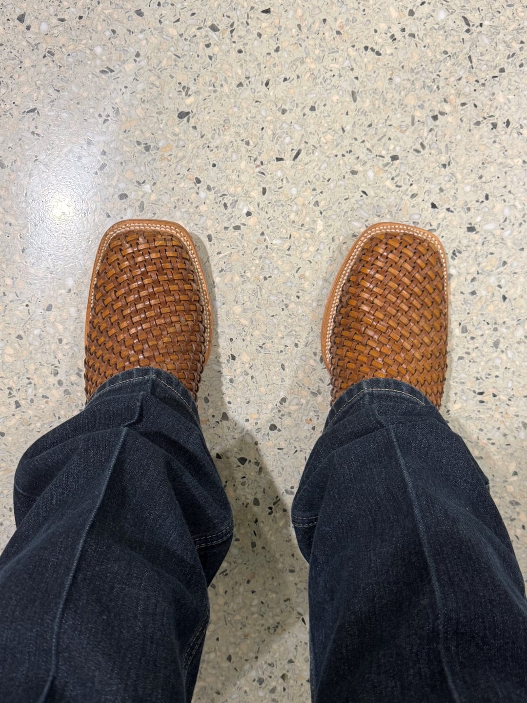 Customer photo review of Tan Basketweave Leather Boots - Square Toe