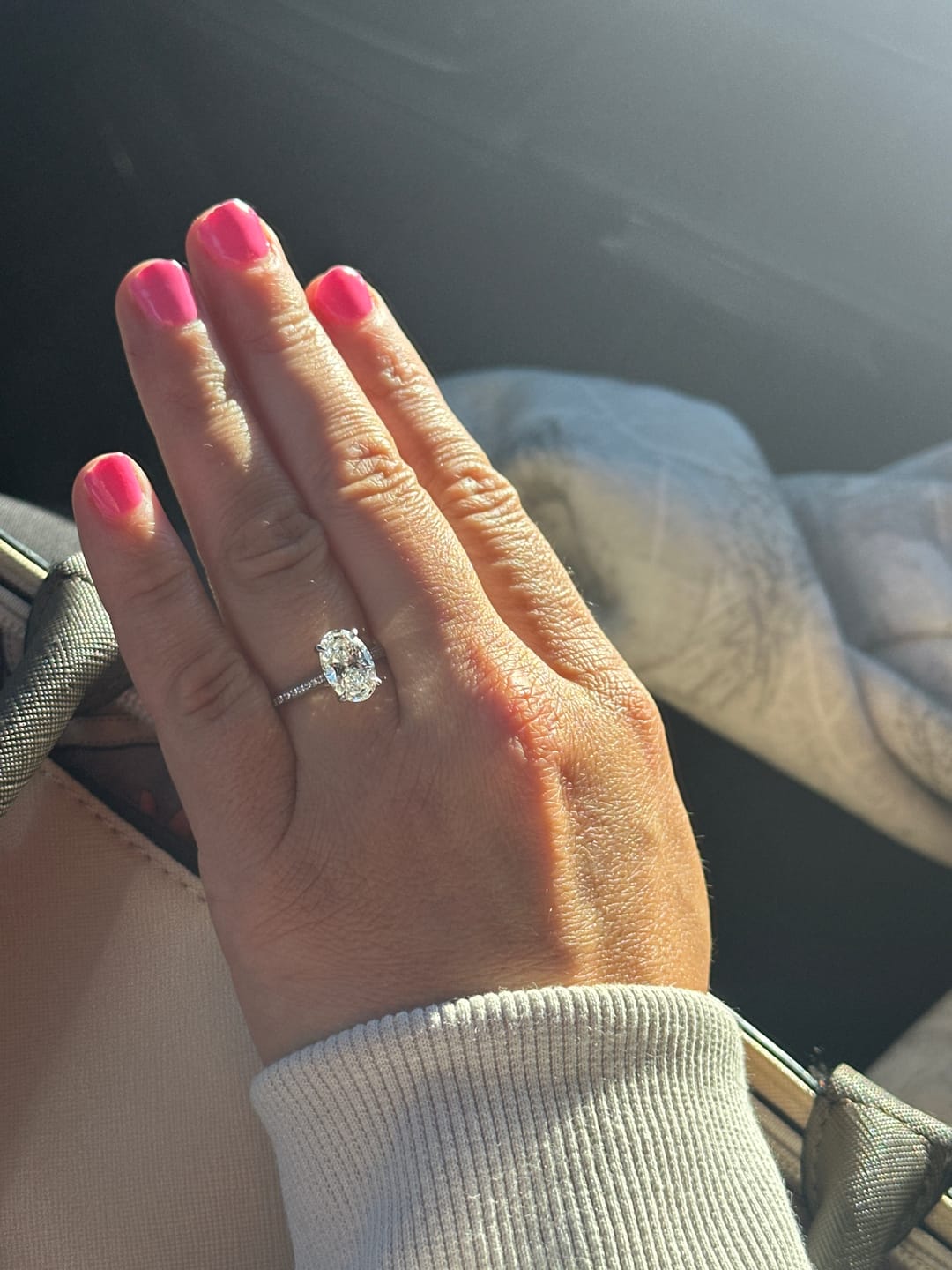Customer photo review of Sky 2.5 Carat Oval Cut (E|VVS2) Side Stone Pave Lab Grown Engagement Ring in Platinum with 2.00mm Band