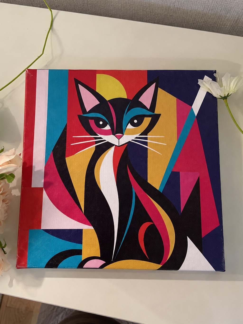 Customer photo review of Mini Peinture par Numéros 20x20cm avec cadre Chat Abstrait Éclatant