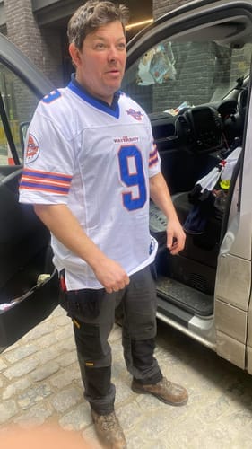 Customer photo review of Custom Orange Mesh Authentic Football Jersey with Royal and White Lettering Design 0140