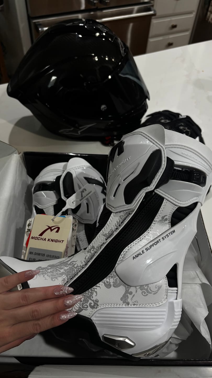 Customer photo review of White Motorcycle Boots – Silver Dragon Edition