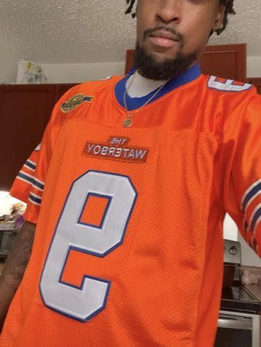 Customer photo review of Custom Orange Mesh Authentic Football Jersey with Royal and White Lettering Design 0140