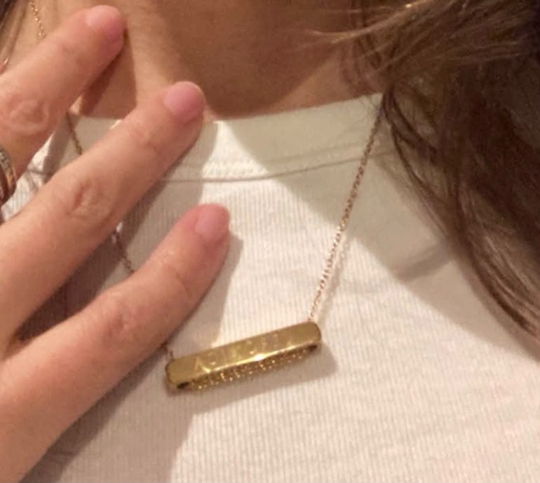 Customer photo review of 3cm Letter Bar Necklace in Gold Horizontal