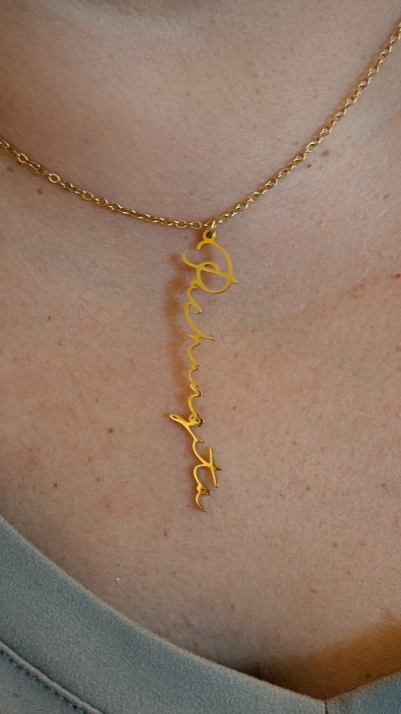 Customer photo review of Vertical Script Name Necklace