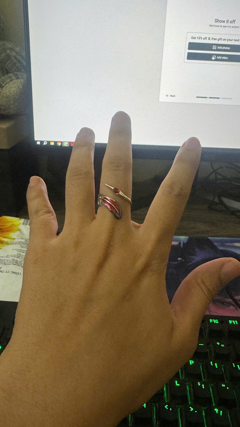 Customer photo review of "Soaring Cranes" 925 Sterling Silver Red Feather Crane Statement Open Ring