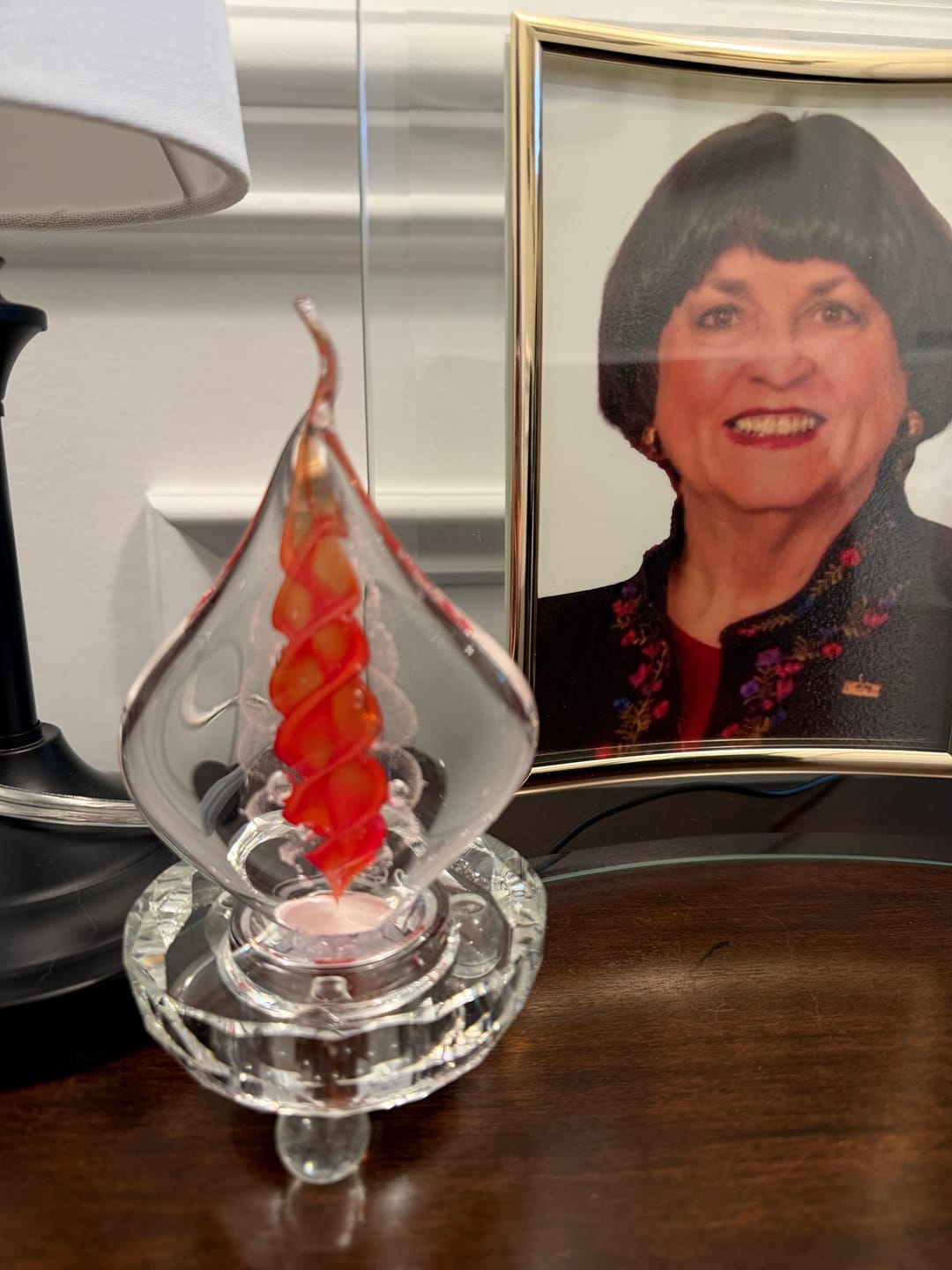 Customer photo review of Illuminated Memorial Glass Flame with Cremation Ashes