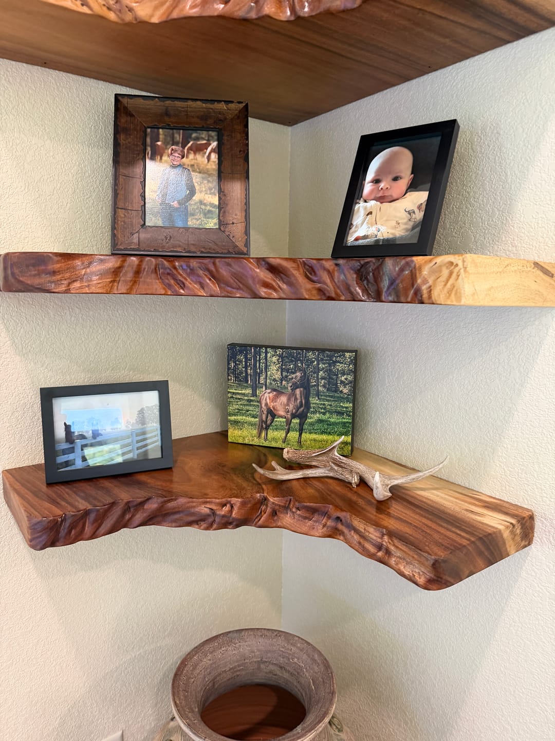 Customer photo review of Live Edge Corner Floating Shelf – Handcrafted Solid Wood Wall Shelf