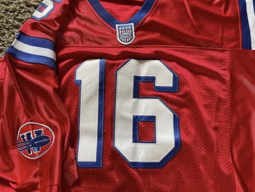 Customer photo review of Custom Red Mesh Authentic Football Jersey with White and Royal Lettering Design 0625