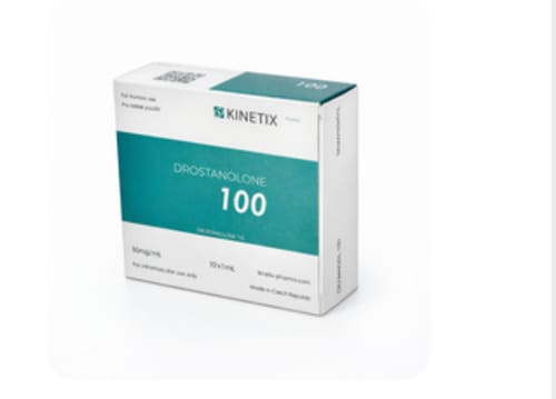 Customer's Masteron 100 mg box from Kinetix Pharma showing the white and green packaging.
